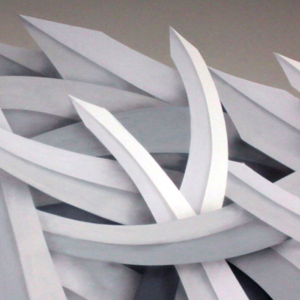Monochromatic geometric bands weaving together, Mural for SF office